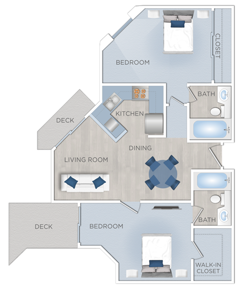 Floor plan for 2 beds, 2 baths, 860 sqft
